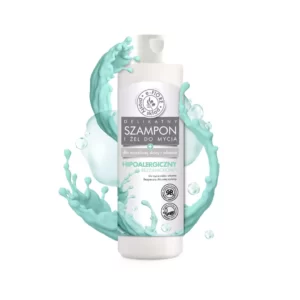 Delikatny szampon hipoalergiczny zamknięty w białej butelce z dozownikiem przyozdobionej elegancką etykietą