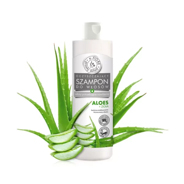 Naturalnie zielone liście aloesu idealnie współgrające z białą tubą skrywającą naturalny wegański szampon do włosów