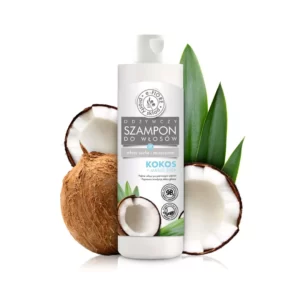 Biała tuba z naturalnym i odżywczym szamponem do włosów z orzechami kokosa znajdującymi się w tle oraz na etykiecie